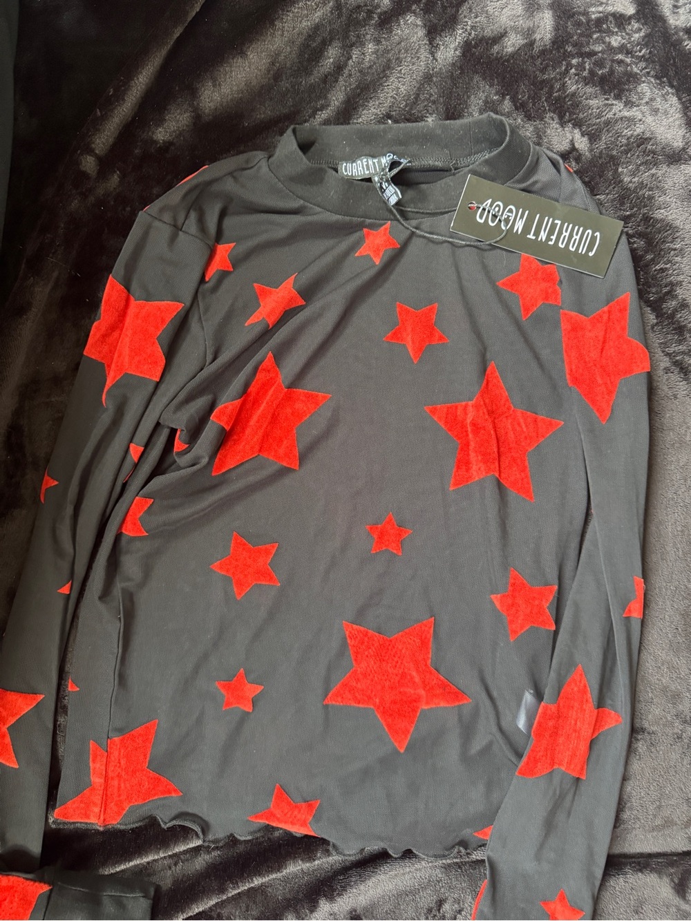 Current Mood Black Long Sleeve Top with Red Star Flocked Print